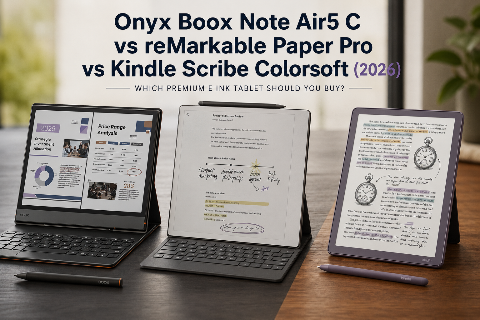 Onyx Boox Note Air5 C vs reMarkable Paper Pro vs Kindle Scribe Colorsoft